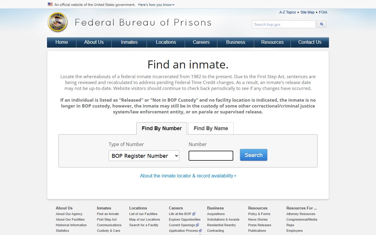 Federal Bureau of Prisons locator used when a Duval County inmate is in federal custody
