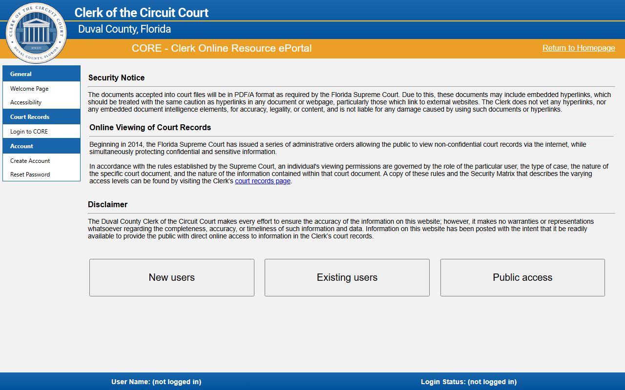 Duval County Clerk CORE search for court records after a jail arrest