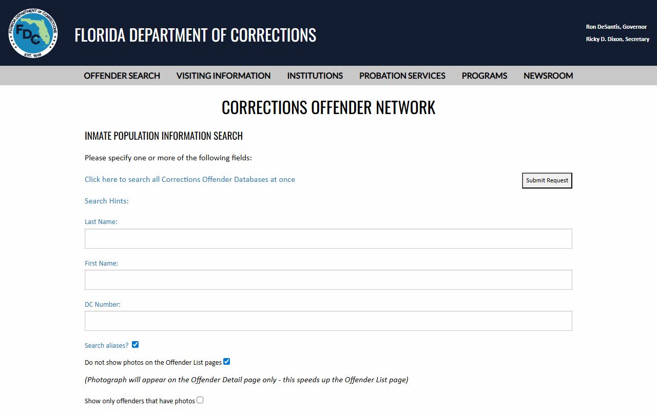 Florida Department of Corrections inmate population search for sentenced Duval County prisoners