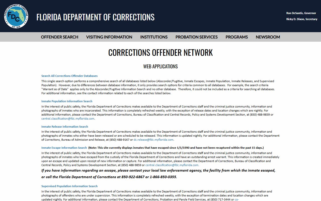 Florida Department of Corrections offender network menu for sentenced Duval County inmates