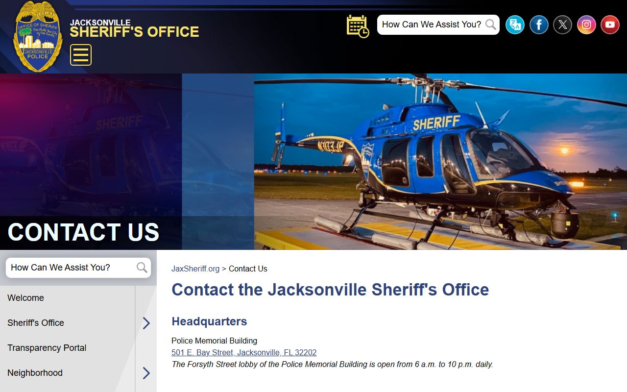 JSO contact page with the John E. Goode Pretrial Detention Facility jail information number