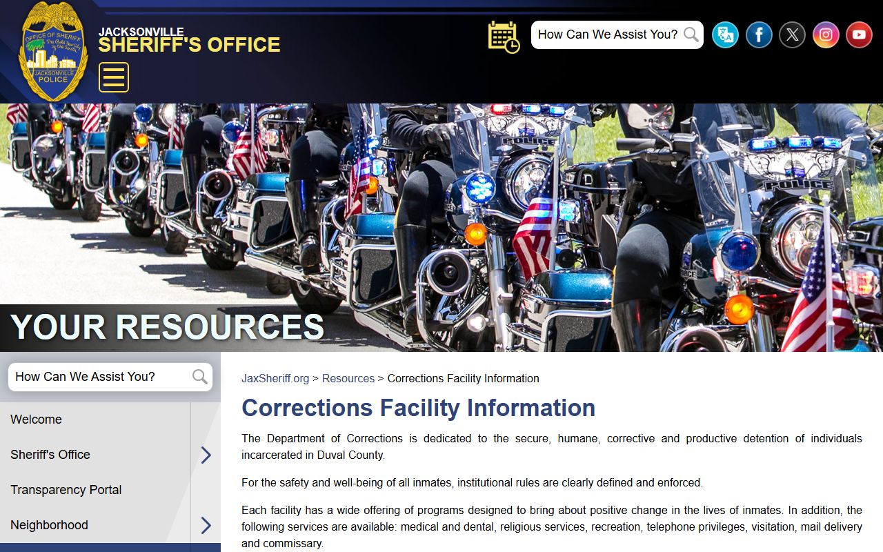 JSO corrections facility page with Duval County jail visitation, mail, and money rules