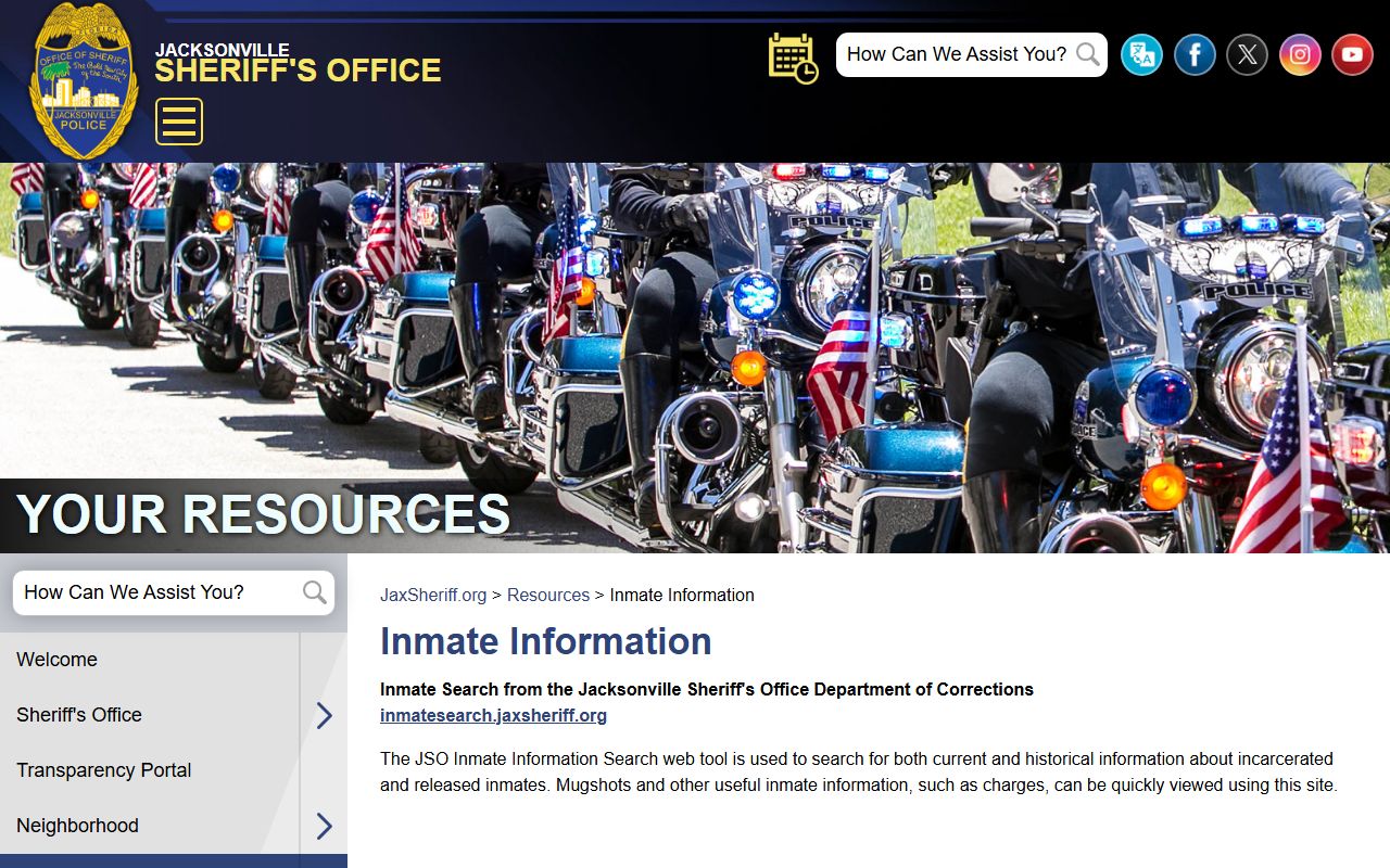 JSO Inmate Information page that opens the Duval County jail roster and inmate records search