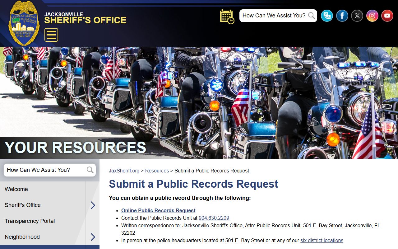 JSO public-records page for requesting a Duval County jail mugshot or booking record