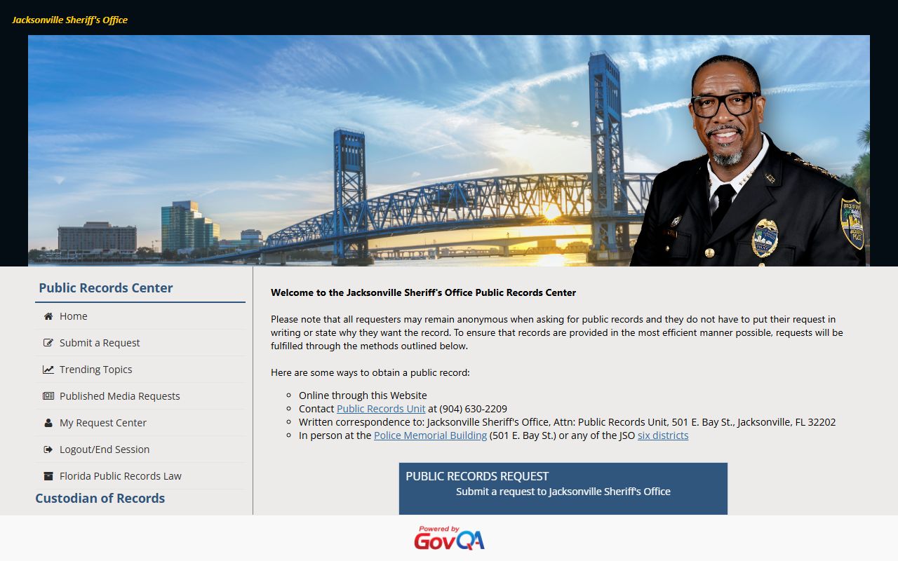 JSO online Public Records Center portal for Duval County booking photo requests
